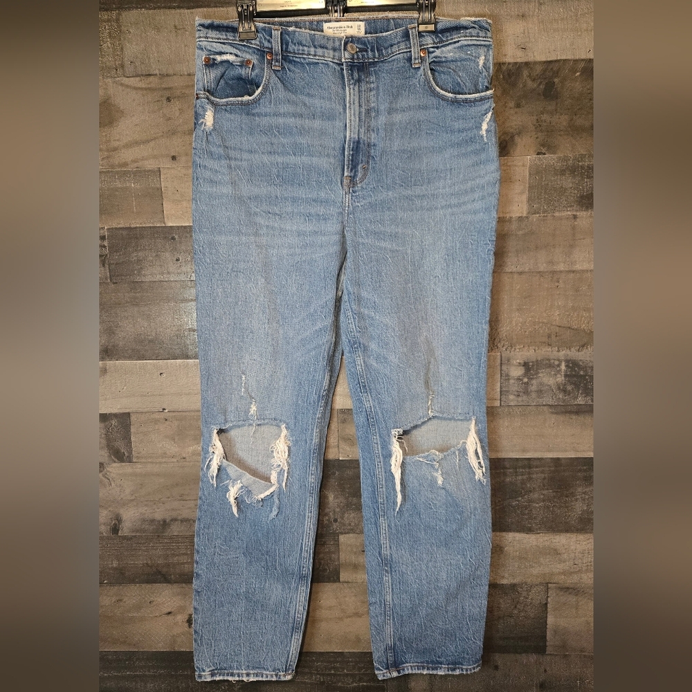 Abercrombie & Fitch Light Blue High-Rise Ripped Straight Jeans